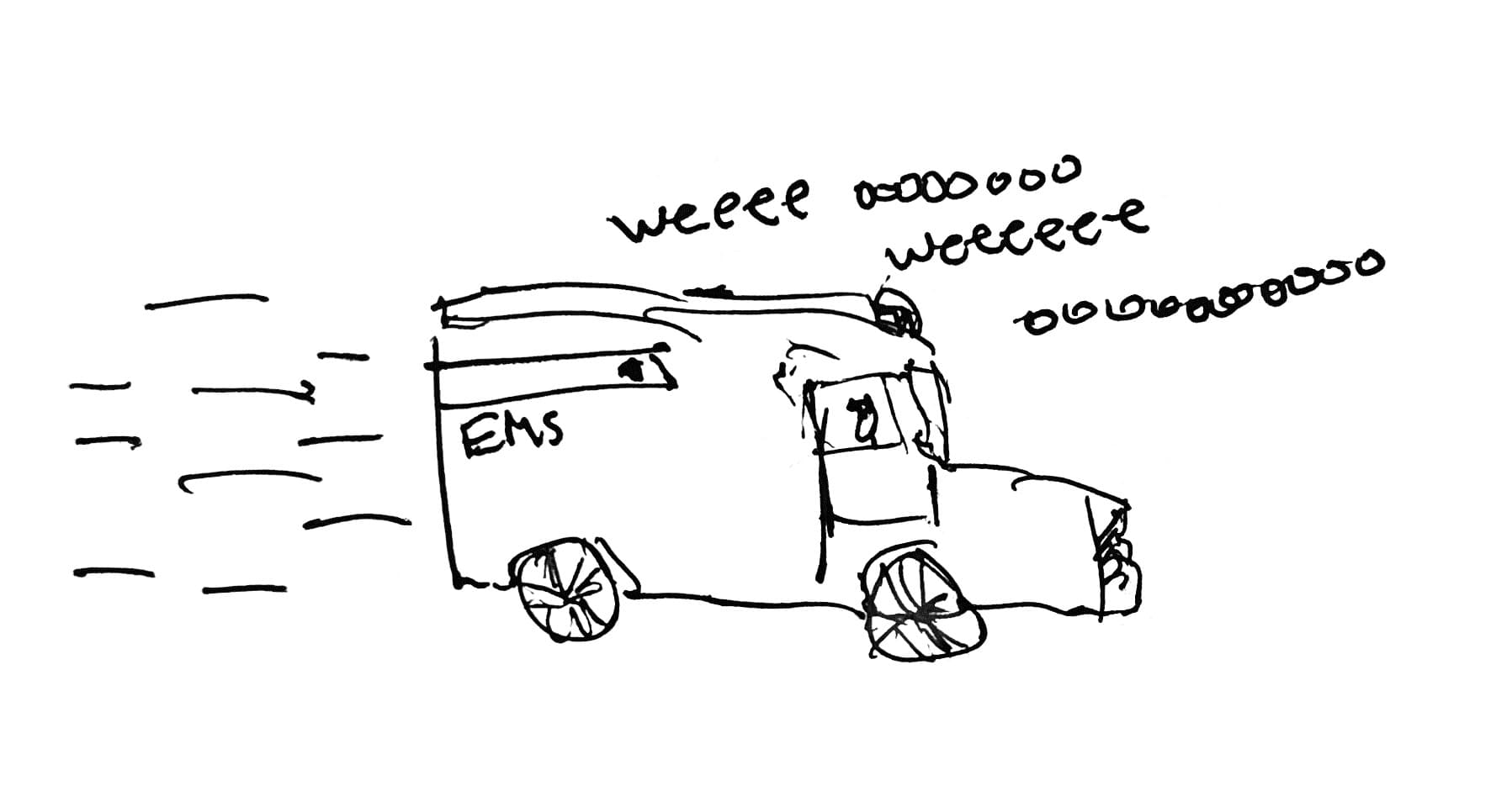A hand drawn comic that depicts an ambulance screeching across the road. weee-oooowwweeaaa is written above it.